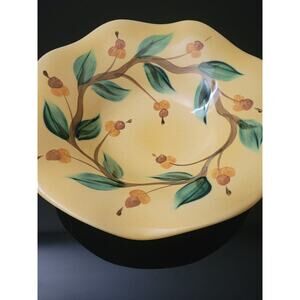 Gail Pittman Pottery Large Yellow Bowl Scallop Edge Acorn Leaves Signed Dated 02